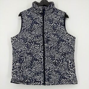 Lands End Womens Medium Down Filled Puffer Vest Navy Blue White Floral Printed